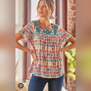 Savanna Jane Floral Embroidered Vibrant Printed Top Size M
